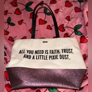Kate Spade x Disney Parks Peter Pan Quote Canvas Pink Glitter Shoulder Bag *flaw
